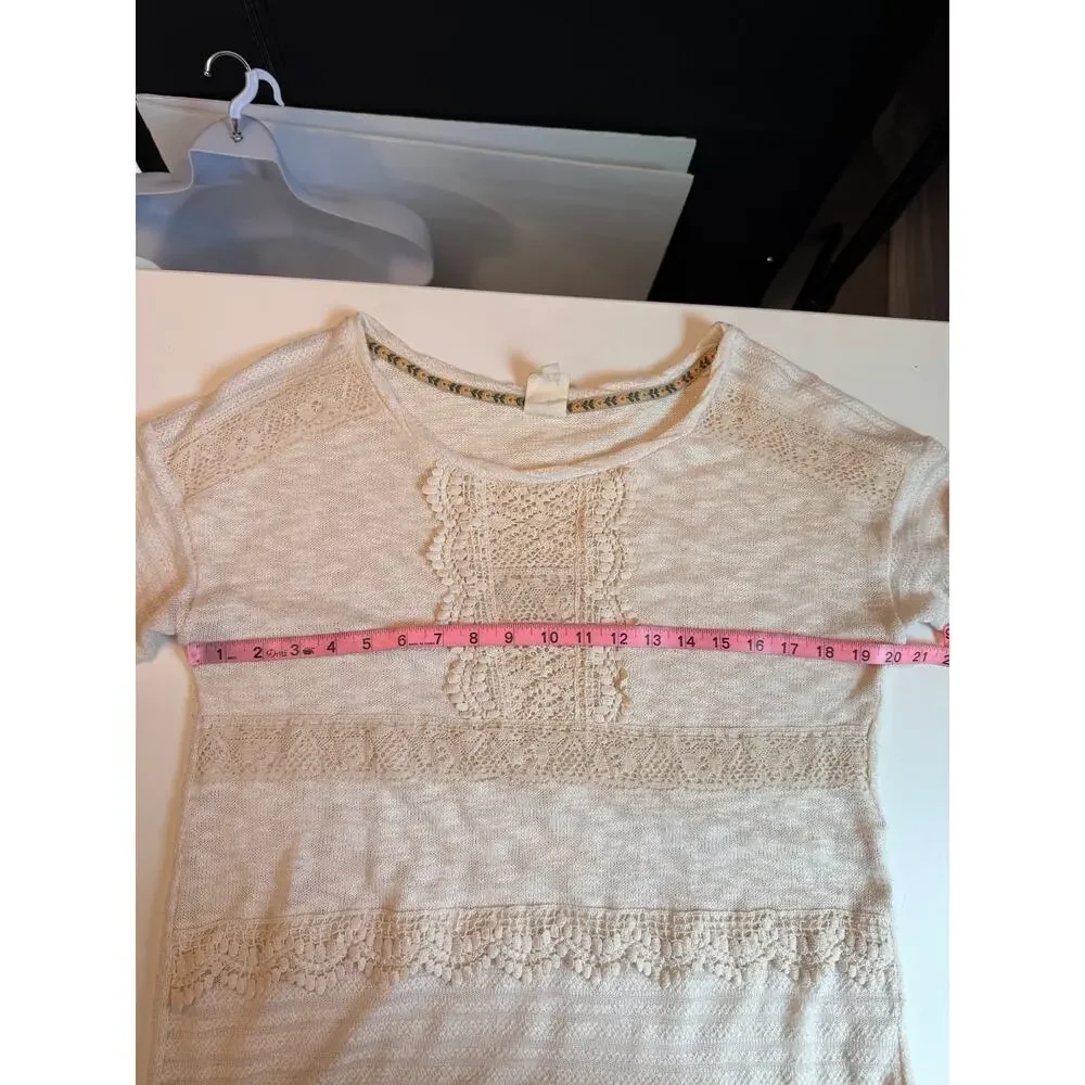 Anthropologie One September Women Long Sleeve Top Size L Cream Crochet Trim Boho
